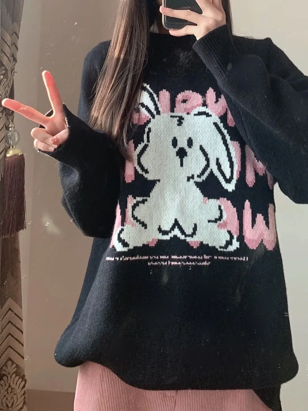 เสื้อสเวตเตอร์ถักไหมพรมหลวมๆ ปักลายกระต่ายอักษรภาษาอังกฤษ สไตล์อเมริกัน สำหรับผู้หญิง ใส่ได้ทุกโอกาส ฤดูใบไม้ร่วง ฤดูหนาว เสื้อถักลำลอง