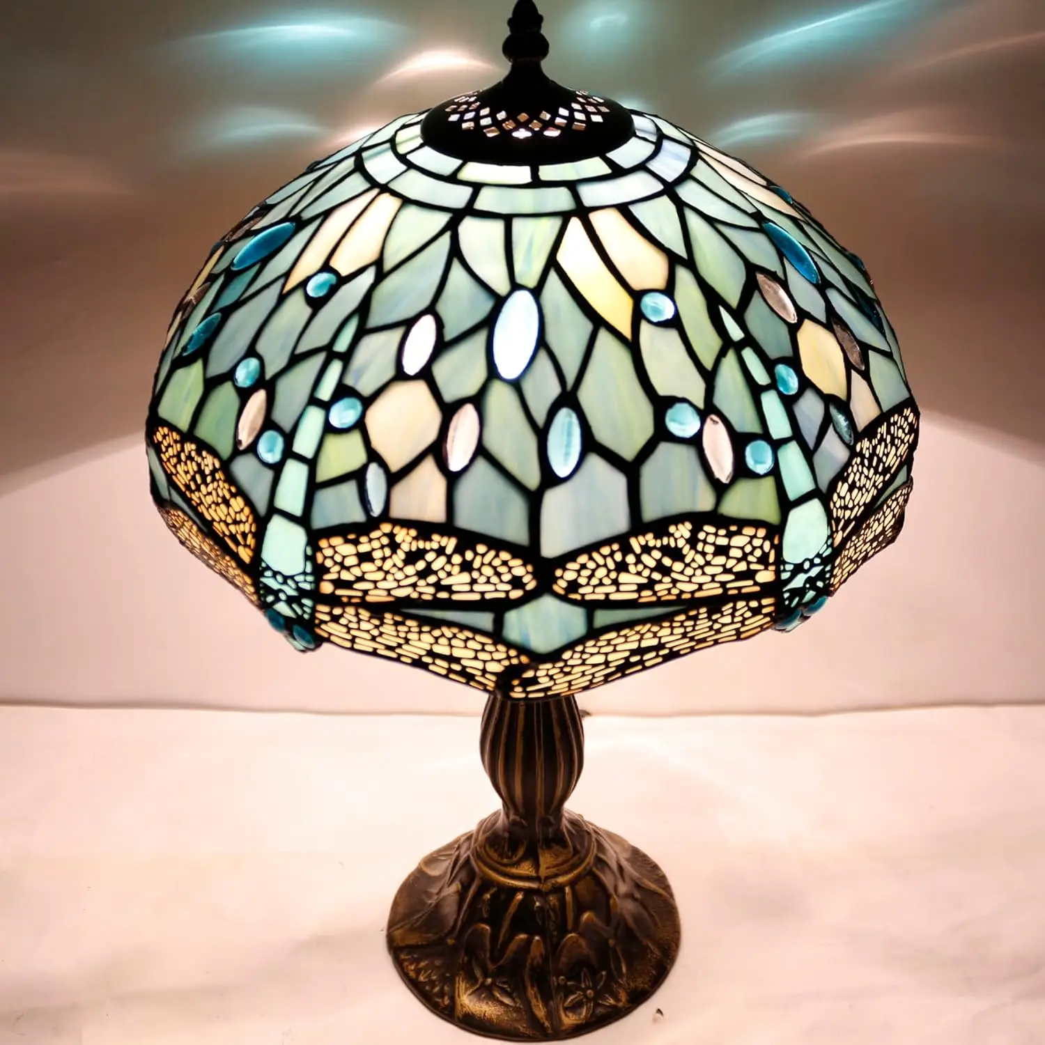 Tiffany Style Sea Blue Stained Glass Table Lamp with Dragonfly Design, 12x12x18 Inches, Desk Reading Light
