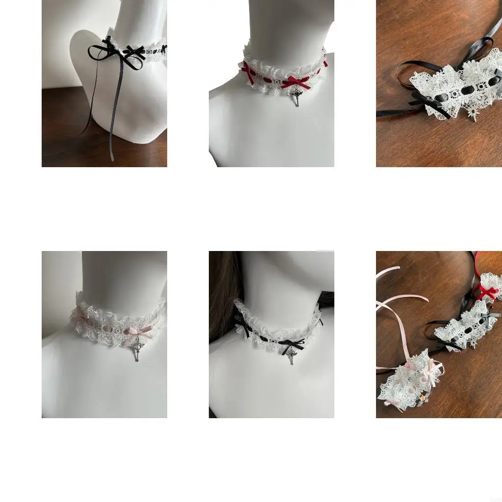 Y3ne Lace Bowknot Choker Lace Lace กับหัวใจวิงคีย์จี้สำหรับผู้หญิงฮัลโลวีนทุกวันและชุดรูปแบบคอสเพลย์