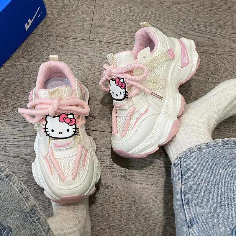 Kawaii Sanrio Hello Kitty Sport Shoes for Women Cartoon Lace Up Running Casual Sneaker Breathable Tennis Flat Trainers Trend