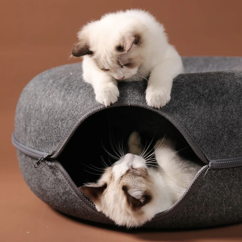 Round Tunnel Bed Felt Toy with Peephole Tube House for Kitten Small Pet