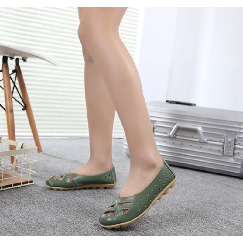 2023 Summer New Women Sandals Fashion Soft Sole Flat Heel Women Hollow Flat Shoes Woman Genuine Leather Shoes Female Casual