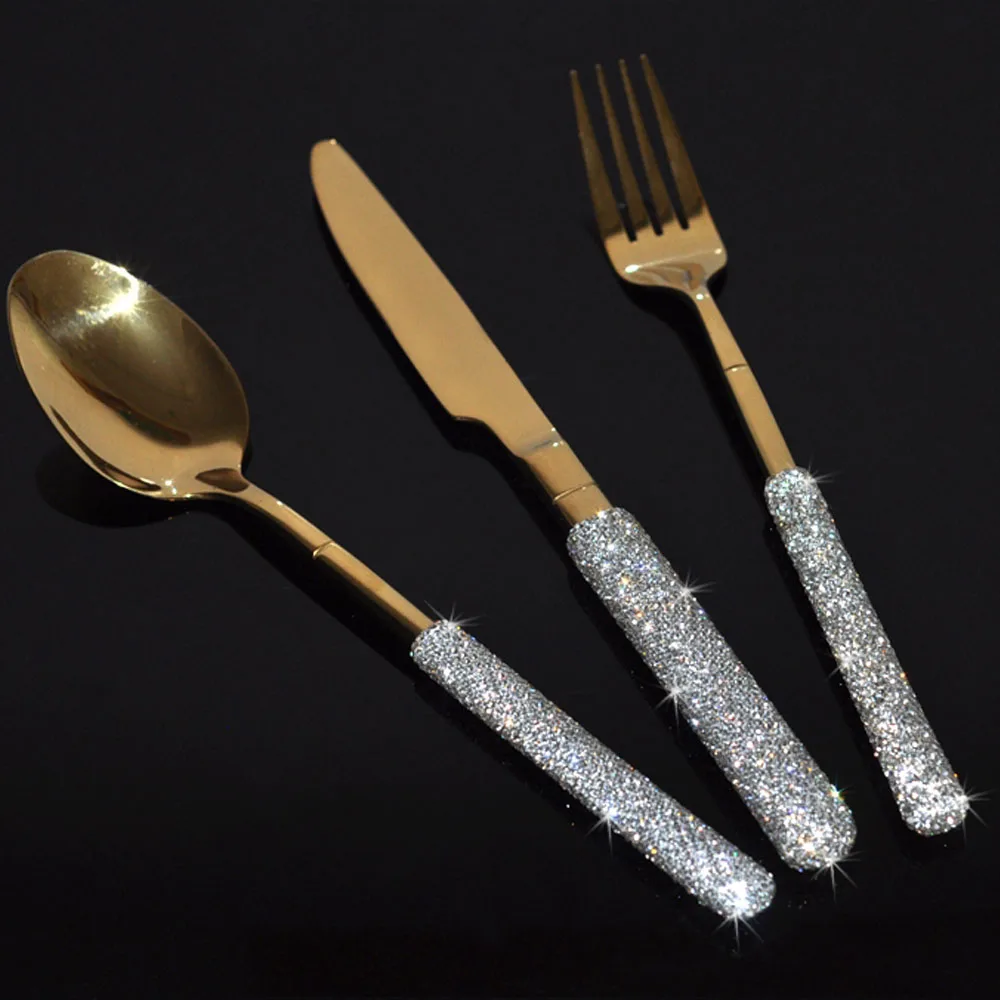 Stainless Steel Western Tableware Set, Classic Dinner Set, Knife, Fork, Manual Mosaic Rhinestones, Dinnerware, 3 Pieces