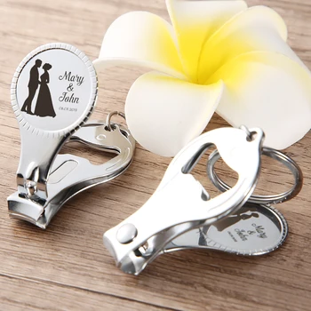 Spersonalizowany ślub Party nazwa i data obcinacz do paznokci brelok z otwieraczem do butelek moda ze stali nierdzewnej niestandardowy prezent dla gości