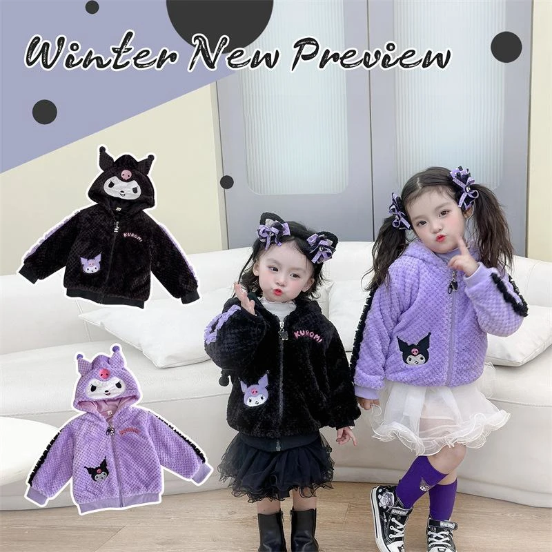 Sanrioed Anime Kawaii Autumn Winter Kuromi Purple Short Solid Sweet Girl Soft Glutinous Plush Warm Coat Christmas Birthday Gift