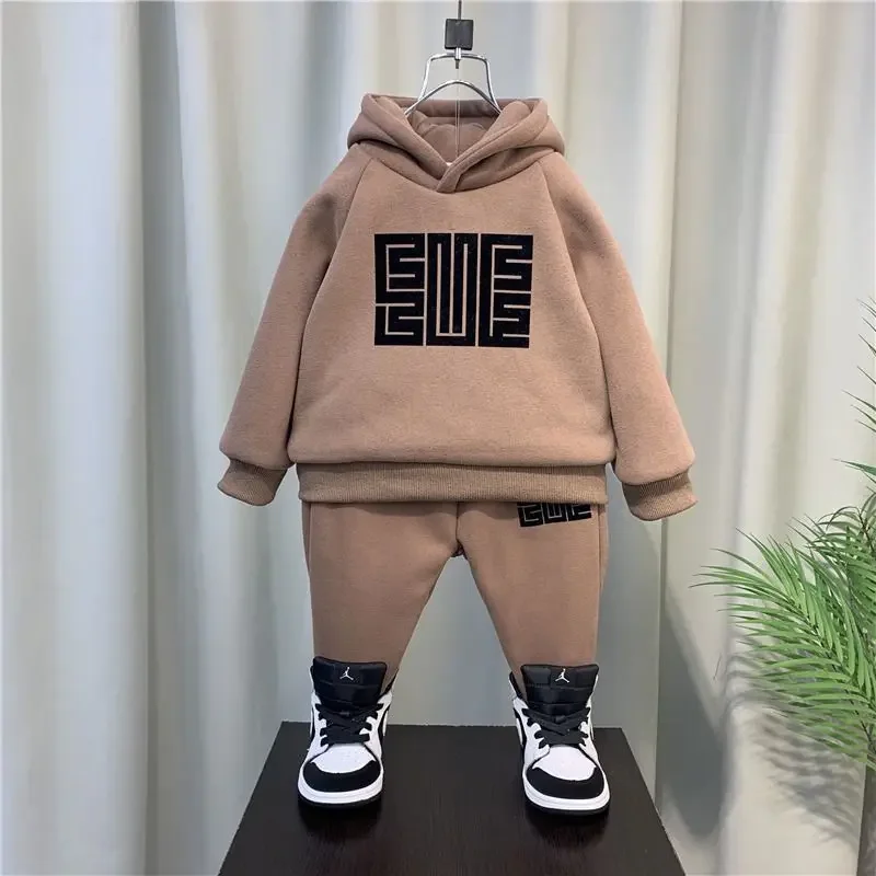 

Boy's Plush Suit Children's Fleece Hooded Sweater+Sweatpant Fashion Maze Thickened Kids Tracksuit Baby 2pcs/set Outfits Clothing