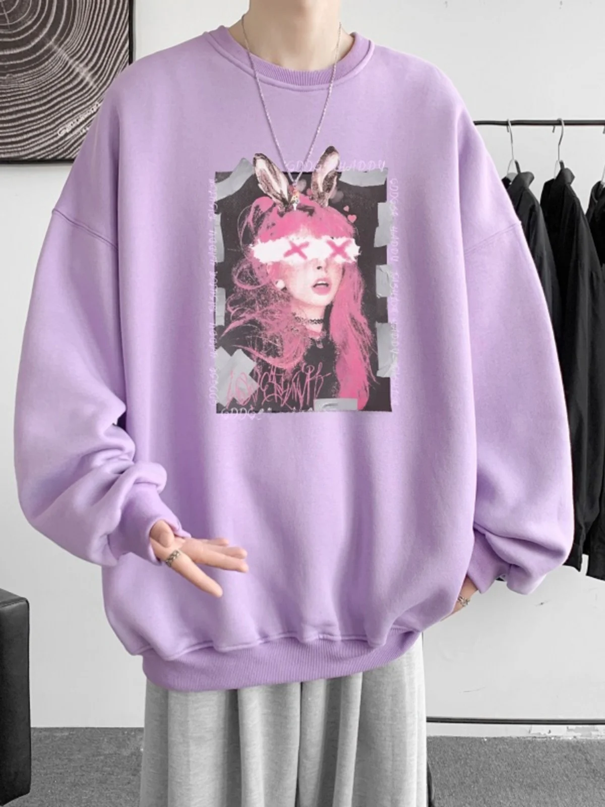 

Фиолетовый замшевый свитшот с круглым вырезом, мужской, весна 2024, новая модная коллекция, крутой подростковый лонгслив, повседневная одежда для пар