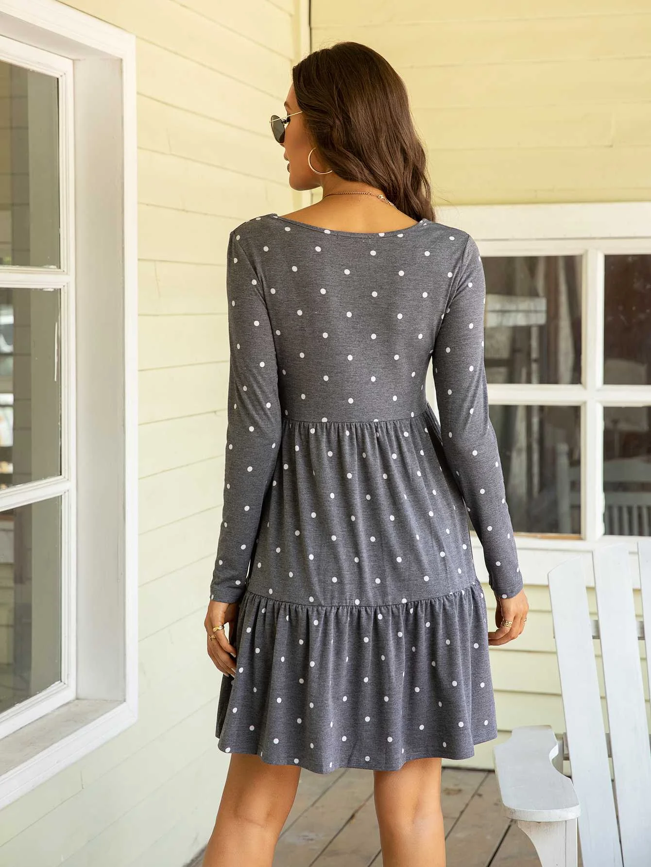 LEVACA – robe Smock à manches longues pour femmes, ourlet à volants, coupe ample, décontractée, col rond, à pois