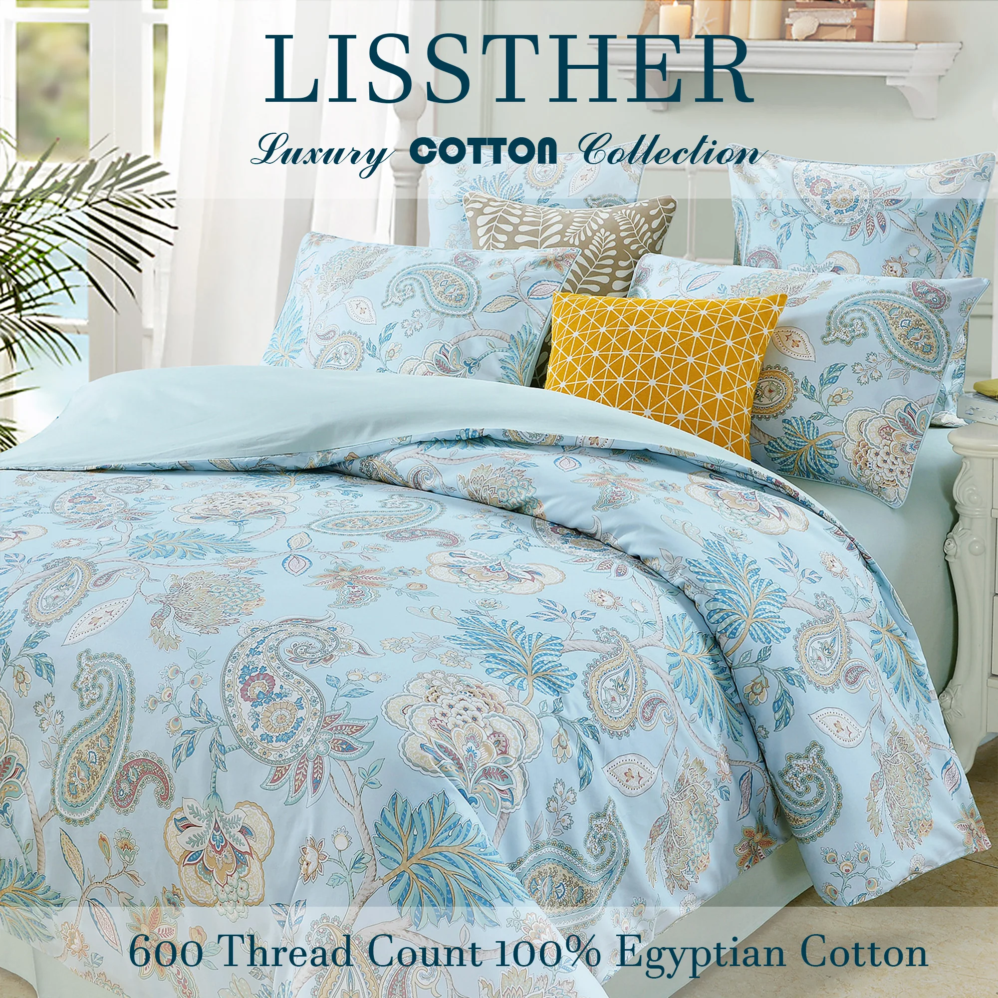 3pcs 600 TC 100% Egyptian Cotton Duvet Cover Set (Without Core), Vintage Paisley Light Blue Garden Floral，Soft & Skin-friendly