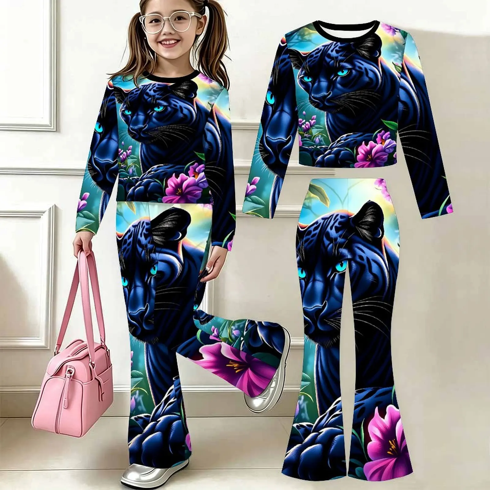 2pcs Children's Casual Pants Autumn Slim Two-piece Set Fashion Bell-bottomed Pants Winter Girls' Trendy T-shirt Jogging Pants