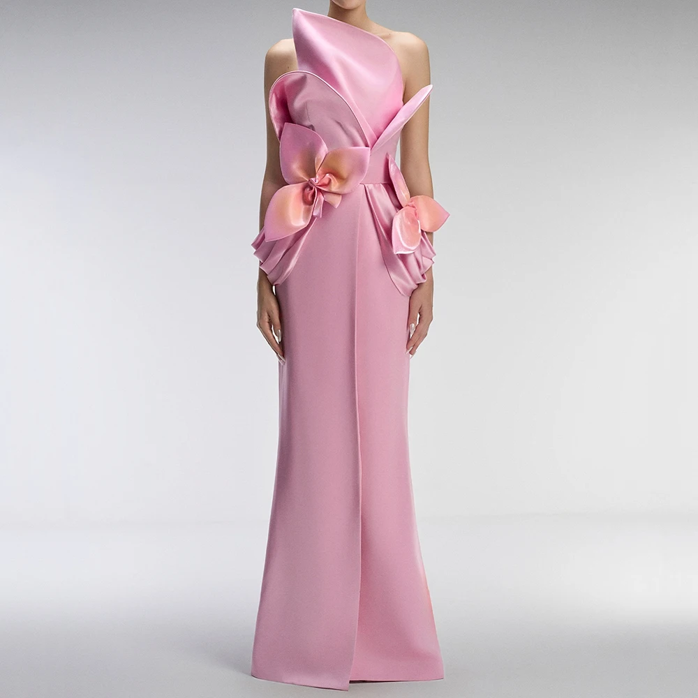 

Customized A-line Evening Dresses Floor-length Strapless Sleeveless Prom Gown Fashion Flowers Pleat Simple Draped Party Gown