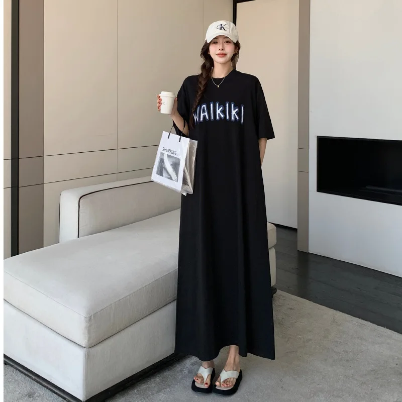 ฤดูร้อนใหม่ผู้หญิงเกาหลีเสื้อยืดชุด Vestidos Robe Elbise หลวม PLUS ขนาดพิมพ์แขนสั้นชุดลําลองยาว Vestidos