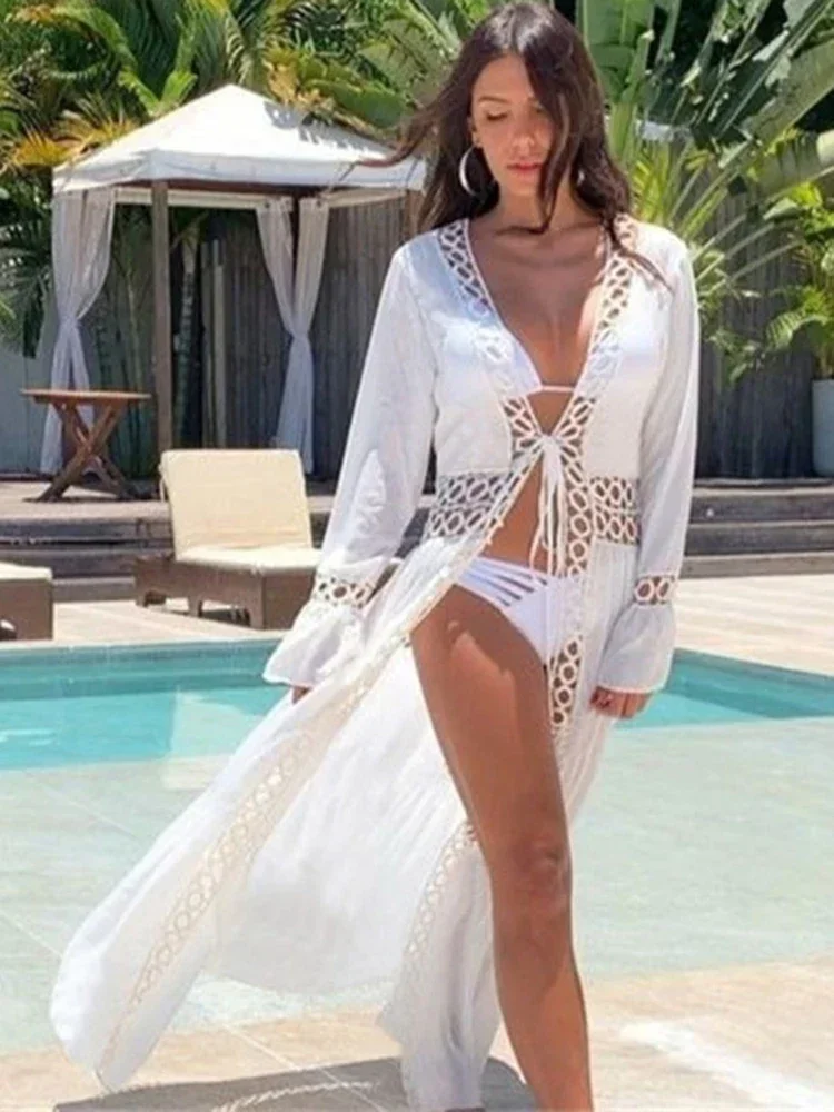 2025 new Deep V-Neck Bikini Cover-Ups Women Beach Cover Up Lace Up Hollow Out Solid Summer Fashion Female Classic Beachwear