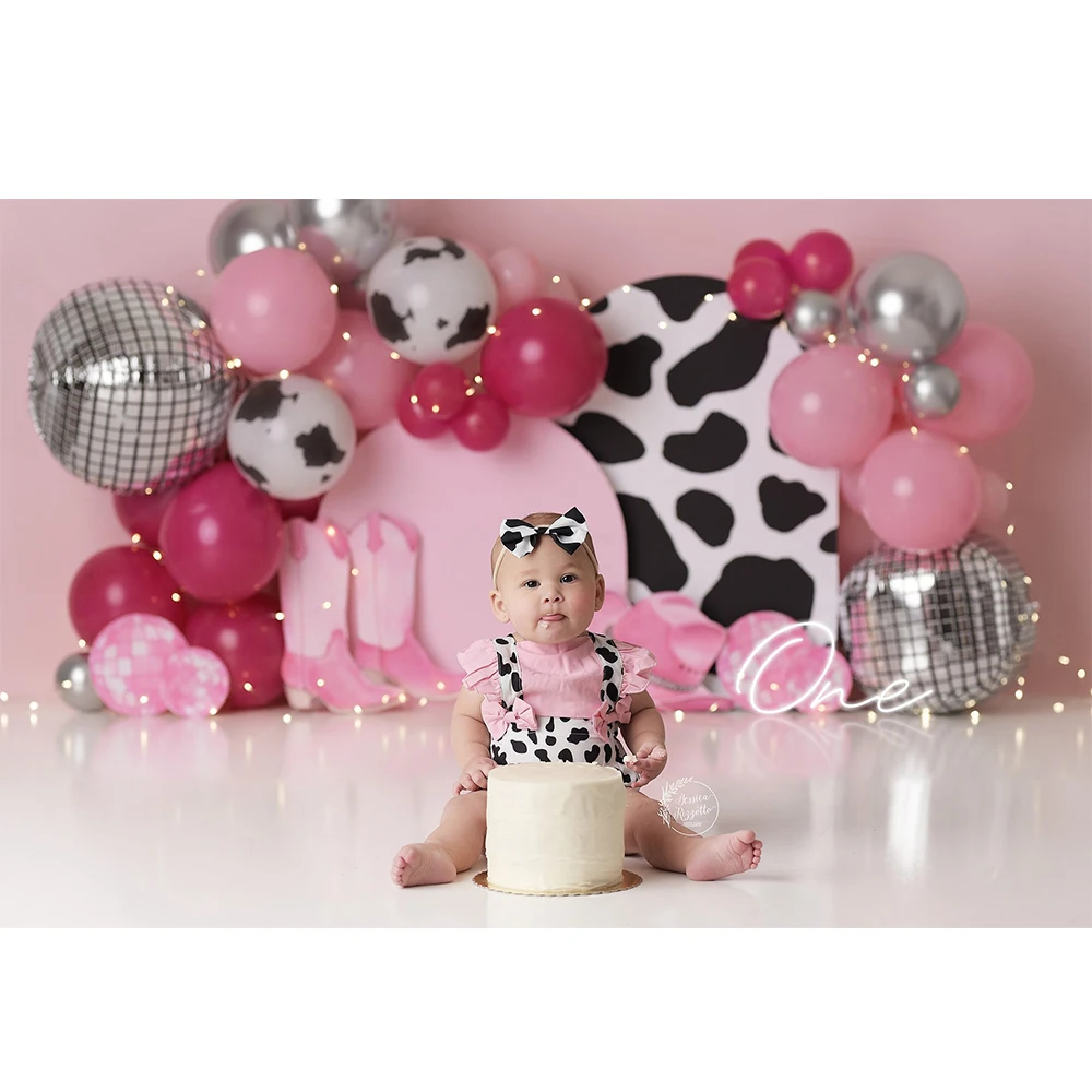 Disco Cowgirl Photo Background for Birthday Cake Smash Photo Studio Props Pink and Black White Balloons Photography Backdrop