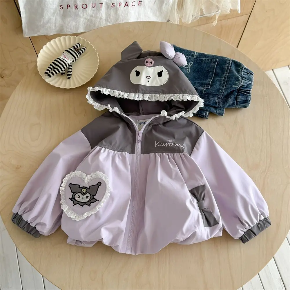 

Sanrio Kuromi пальто для девочек, весенне-осенняя верхняя одежда, новый стиль, модная детская осенняя тонкая куртка для девочек, топ с капюшоном