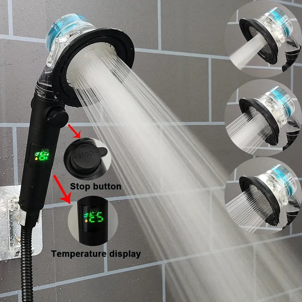 Temperature Display Turbo Propeller Shower Head Black 3 Modes High Pressure Fan Shower Big Boost Filter Handheld Bathroom Shower