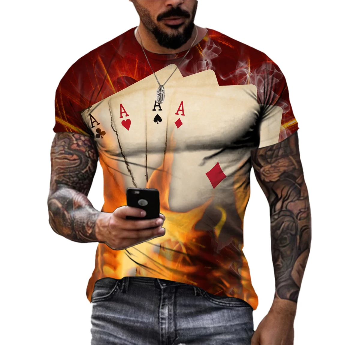 Playing Cards 3D Printing Summer Men\'s Personality T-Shirt Shirt Hip Hop Trend Large Size Short Sleeve Casual Fashion Sports Top