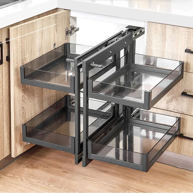 Kitchen Universal Magic Corner Cabinet Blind Angular Oscillation Tray Pull out Cabinet Magic Corner Glass Gray Basket