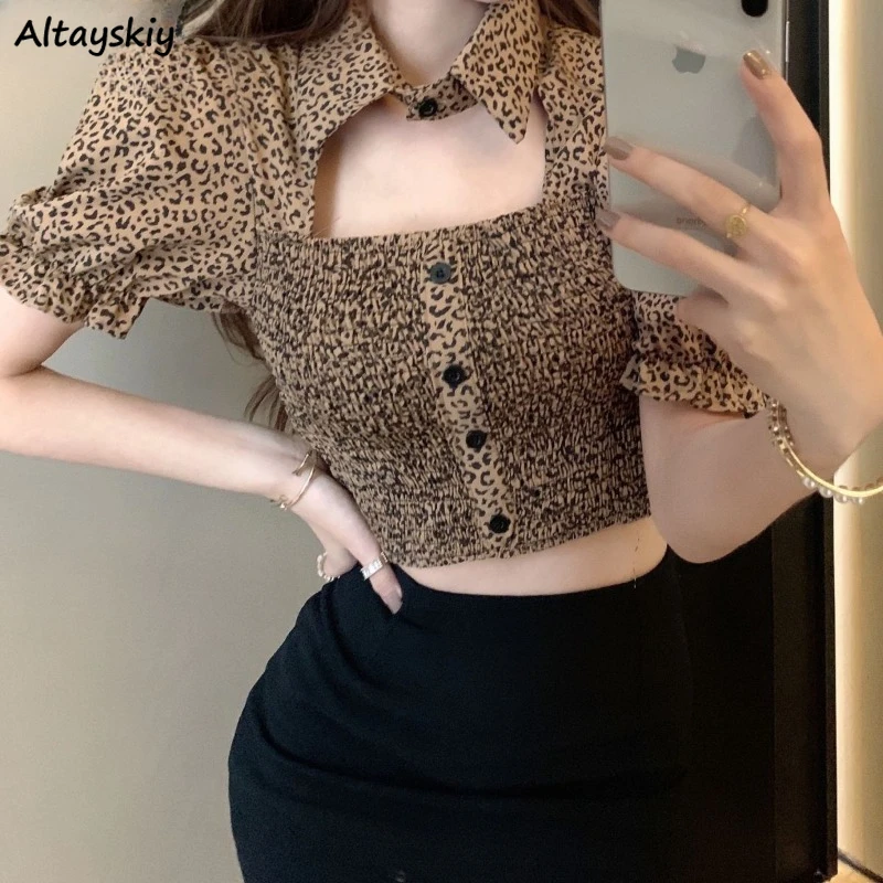 

Leopard Short Shirt Women Summer Square Collar Single Breasted Puff Sleeve Chic All-match Korean Style Classic Cozy Streetwear