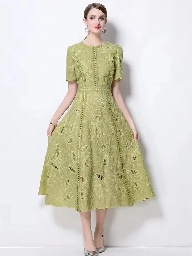 

Women's Summer Formal Evening Dress Hollow out Crochet Lace Embroidery Short Sleeve Midi Party Long Dresses Female