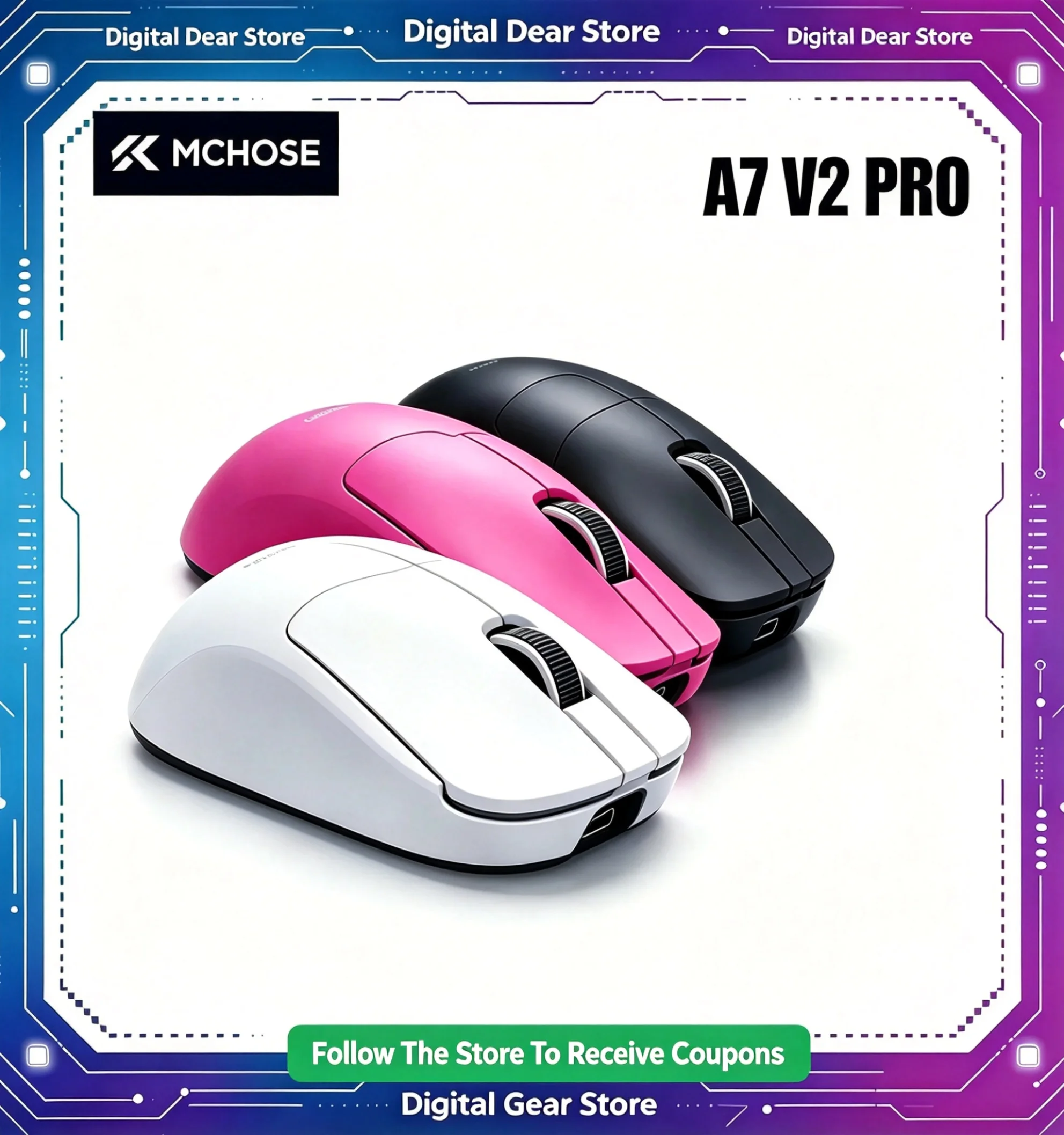 MCHOSE A7 V2 Pro Tri Mode Wireless Gaming Mouse PAW3395 Sensor 59g Lightweight 8K Polling For Medium Large Hand Esports PC Gamer