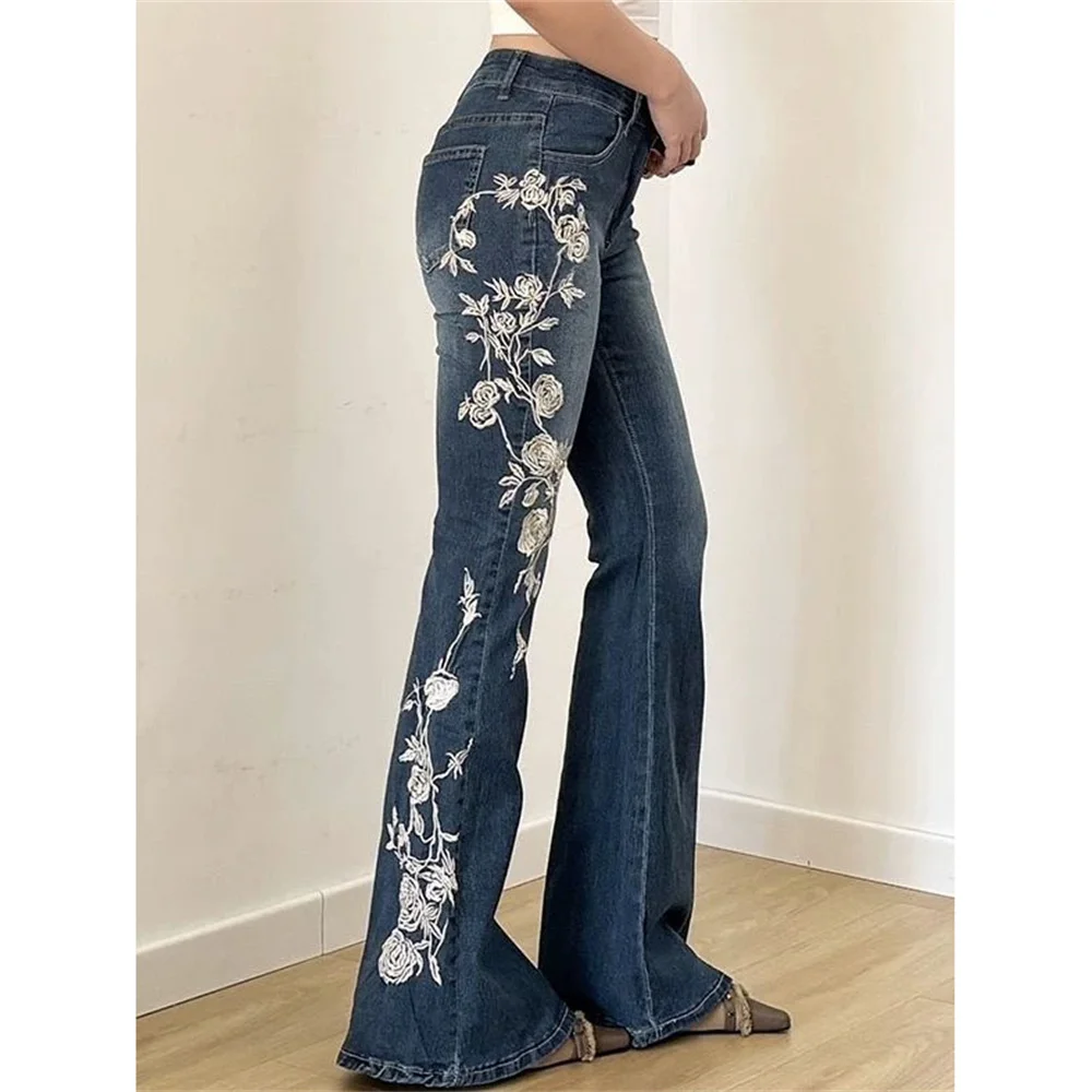 

Винтажные женские расклешенные джинсы с вышивкой розы, осень 2025 г., тонкие джинсовые брюки с высокой талией в стиле ретро, уличная одежда, широкие брюки, расклешенный низ