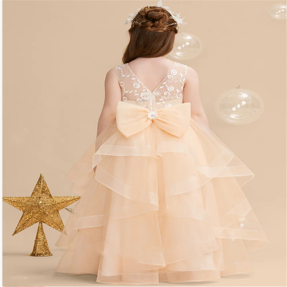 Ruffles Flower Girl Dresses for Wedding With Bow Sleeveless Floor Length First Communion Gowns Tulle Birthday Dance Party