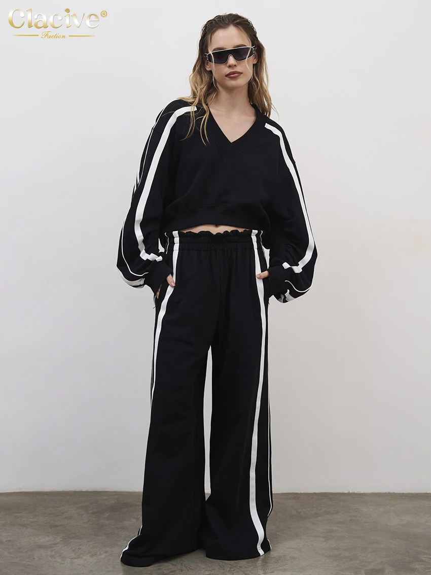 

Clacive Fashion Loose Black 2 Pieces Set For Woman 2026 Elegant Long Sleeve Shirt With High Waist Wide Pants Set Female Clothing