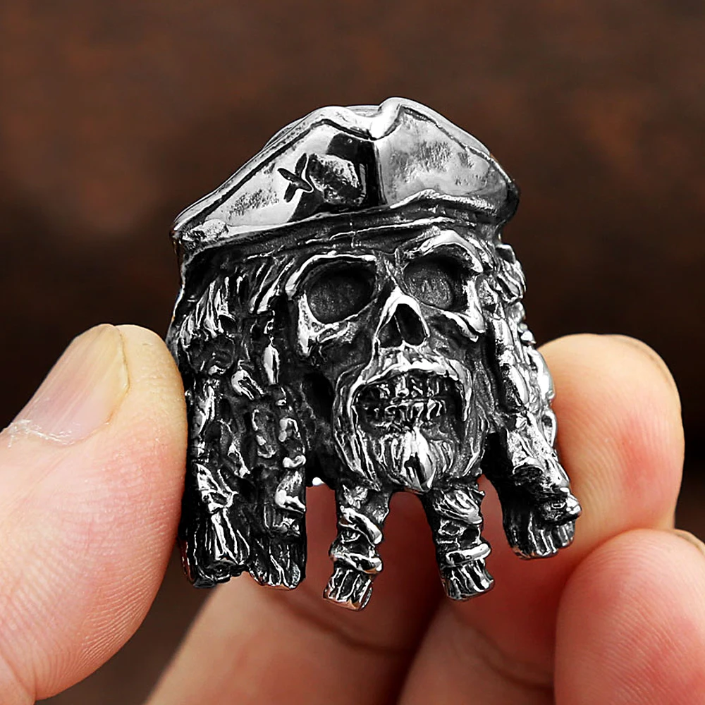 Gothic Pirates of the Caribbean Captain Jack Skull Stainless Steel Ring For Men Fashion Punk Hip Hop Biker Ring Jewelry Gift