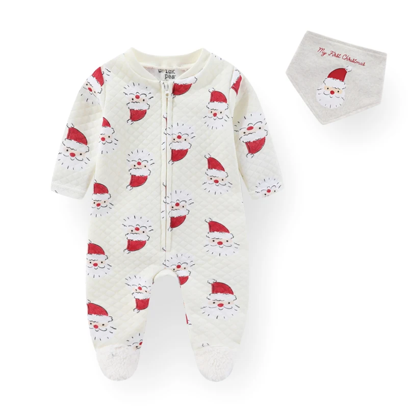 

Fetchmous Newborn Christmas Rompers+Hat/Bib 2/3Pieces Cotton Baby Bodysuits Baby Boy Girl Clothes Sets 0-9M Print Long Sleeve