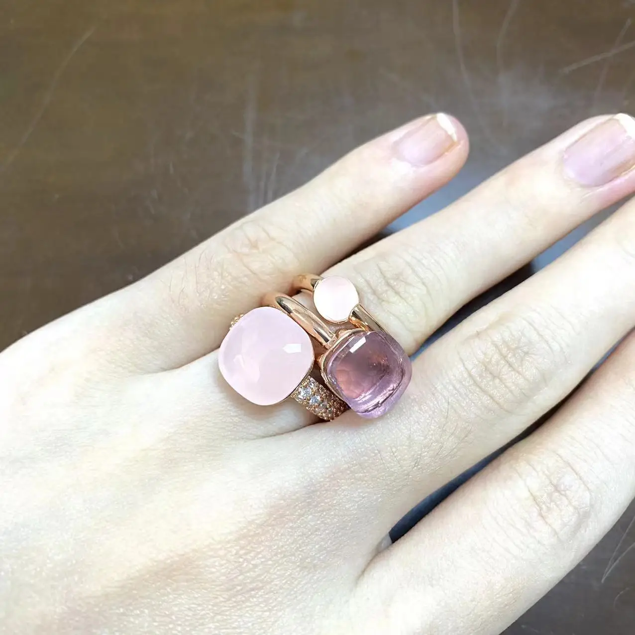 3Pcs/Set Classic Ring Set Three Size Stone Candy Color Crystal Ring Stacked Rose Gold Plated Nudo Ring Inlay Zircon Jewelry