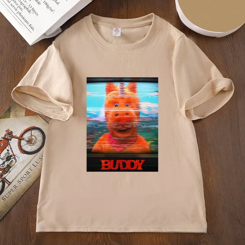 Buddy-Einhorn-T-Shirt für Damen und Herren, aus Baumwolle, dunkles Buddy-T-Shirt, lässiger Schnitt, Rundhalsausschnitt, bedruckt, kurzärmelig, Grafik-T-Shirt. – Detail 11