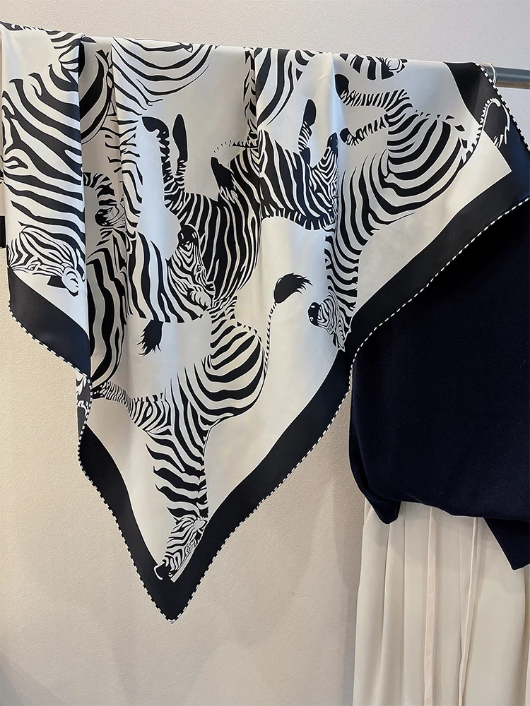 

Horse zebra Print Mulberry Silk Scarf Shawl Hand Rolled Scarfs Luxury Brand Designer Hem Scarves 90 90CM bandannas 90cm