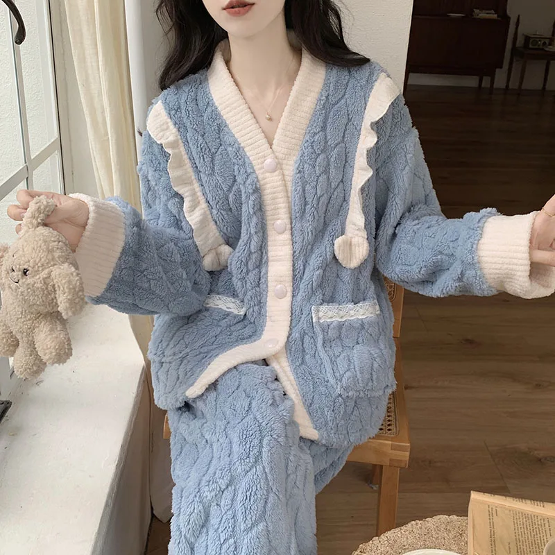 Winter Thickened Fleece Pajamas Women\'s V-neck Sweet Warm Flannel Home Suit Set Ladies Outerwear Cardigan Pants Set Sleepwear