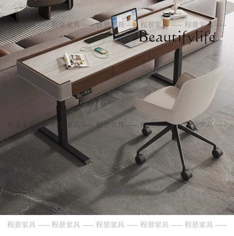 

BJ Smart Electric Lifting Rock Slab Desk Walnut Computer Desk Solid Wood With Drawers Bar Table