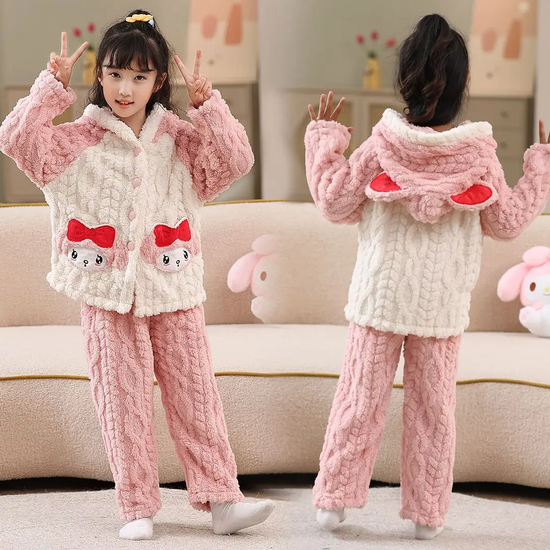 Autumn Winter Cute 2Pcs Children's Flannel Pajama Melody Cinnamoroll Kuromi Anime Sanrios Girl Warm Thicken Loungewear Homewear