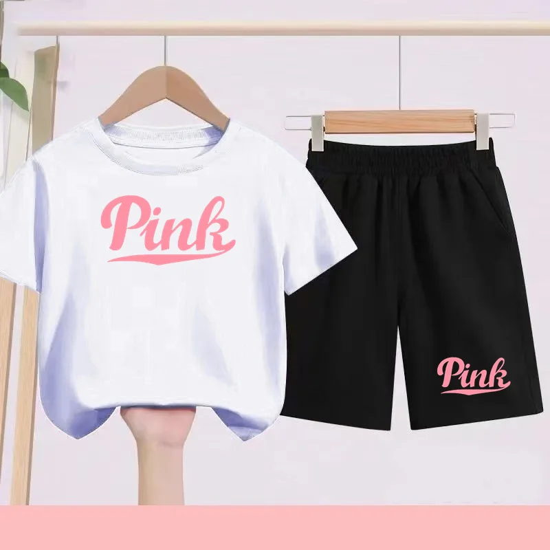 

Fashionable Trendy Round-neck Pullover Short-sleeved Set Charming Pink Letter Print 2Pice T-shirt+Shorts Pants Boy Girl Aged3-14