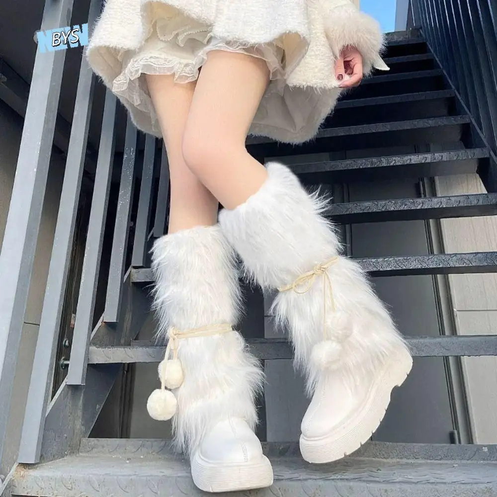 

Soft Knitted Winter Leg Warmers Y2K Plush Ball Plush Leg Coverings Foot Cover Kawaii Furry Leg Warmers Streetwear