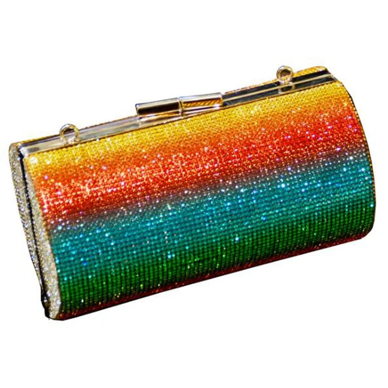 Rainbow Rhinestone Purse Evening Bag For Women Luxury Party Handbag For Wedding Clutch Bag Diamond Cylinder Shoulder Bag