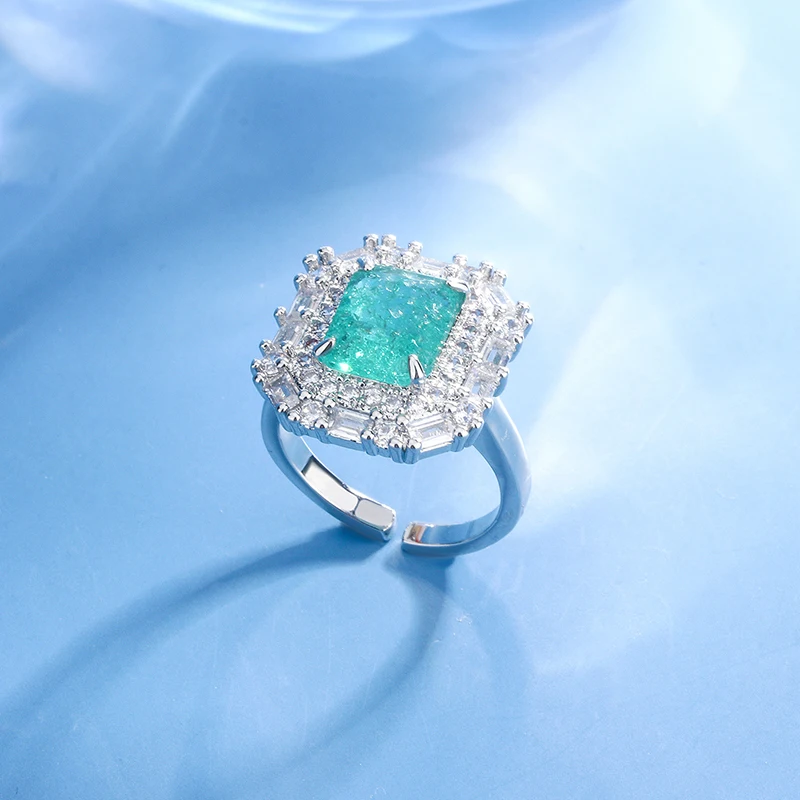 European and American Style Hot Sale Paraiba Square Sugar Ring Color Treasure Classic 925 Silver Plated Exquisite Fashion