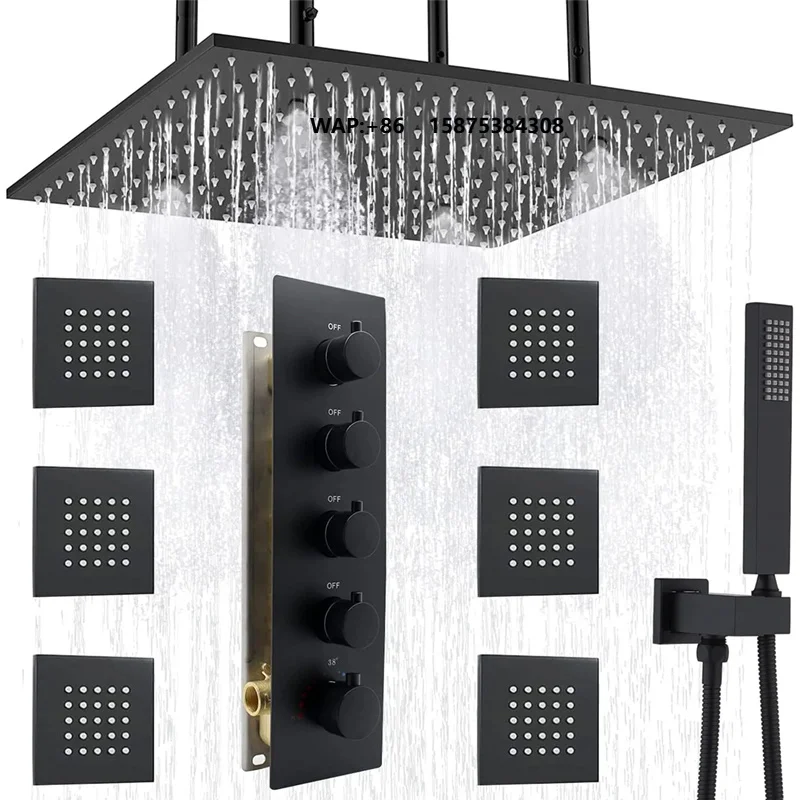 20inch Luxury Matte Black 4-in-1 LED Mist Rainfall Thermostatic Brass Shower System Faucet Complete Set Hotel Apartment Soft Jet