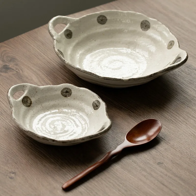 Japanese-Style Mino-yaki Stoneware Double-Handle Plate, Heat-Resistant Curry Plate, Noodle Bowl, Salad Bowl, Tableware