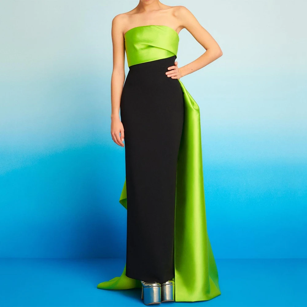 

Column Evening Dresses Black Strapless Bud Green Satin Draped Elegant Wedding Guest Gowns for Women Sleeveless Maxi Evening Gown