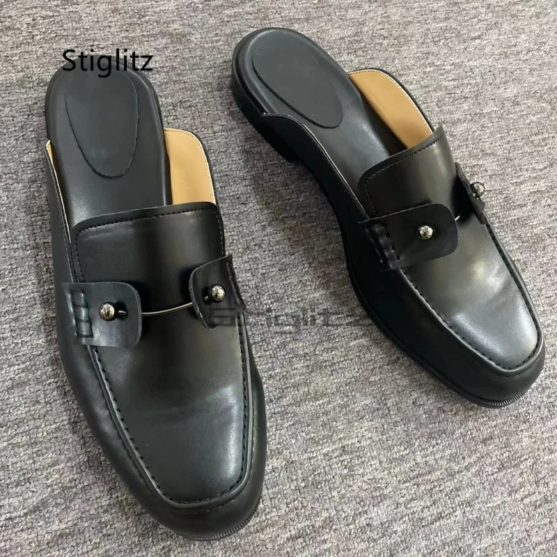 

Metal Buckle Genuine Leather Half Slippers for Men Black Round Toe Back Empty Mules Male Shoes Casual Office Home Shoes Summer