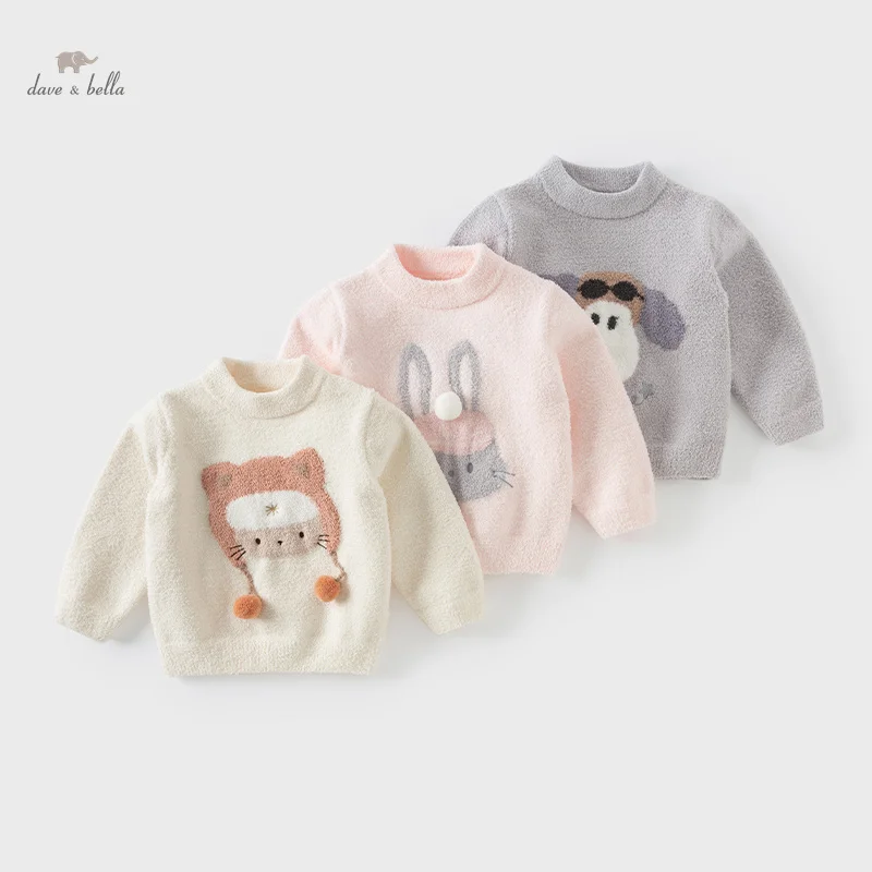 Dave Bella 2024 Winter Boys Girls Baby Children's Sweater Pullover Cute Cartoon Animal Kid Top Half Turtleneck Warm DB4243197