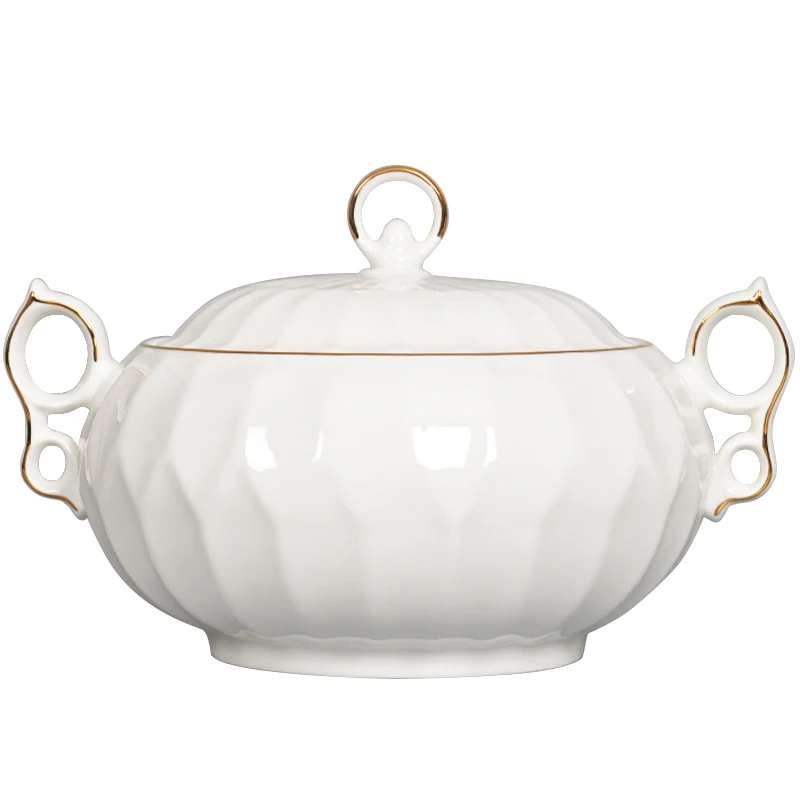 Large Size Ceramic Soup Bowl with Lid round Bone China Gilded Relief European Style Home Use Soup Dish Porcelain Bowl