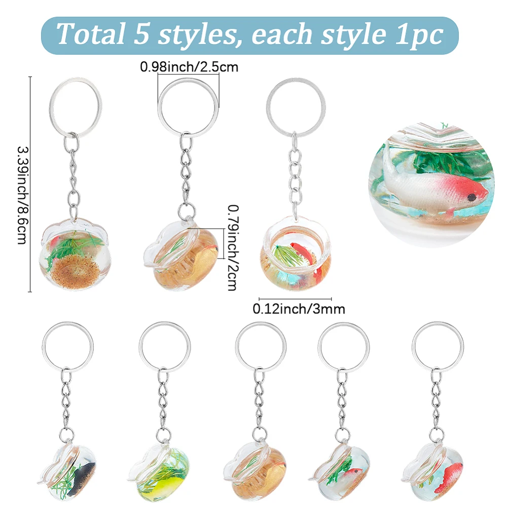 5Pcs 5 Styles Fish Keychain Koi Fish Keychains Plastic Simulated Marine Creature Miniature Lucky Carp Bowls Charm Keyring