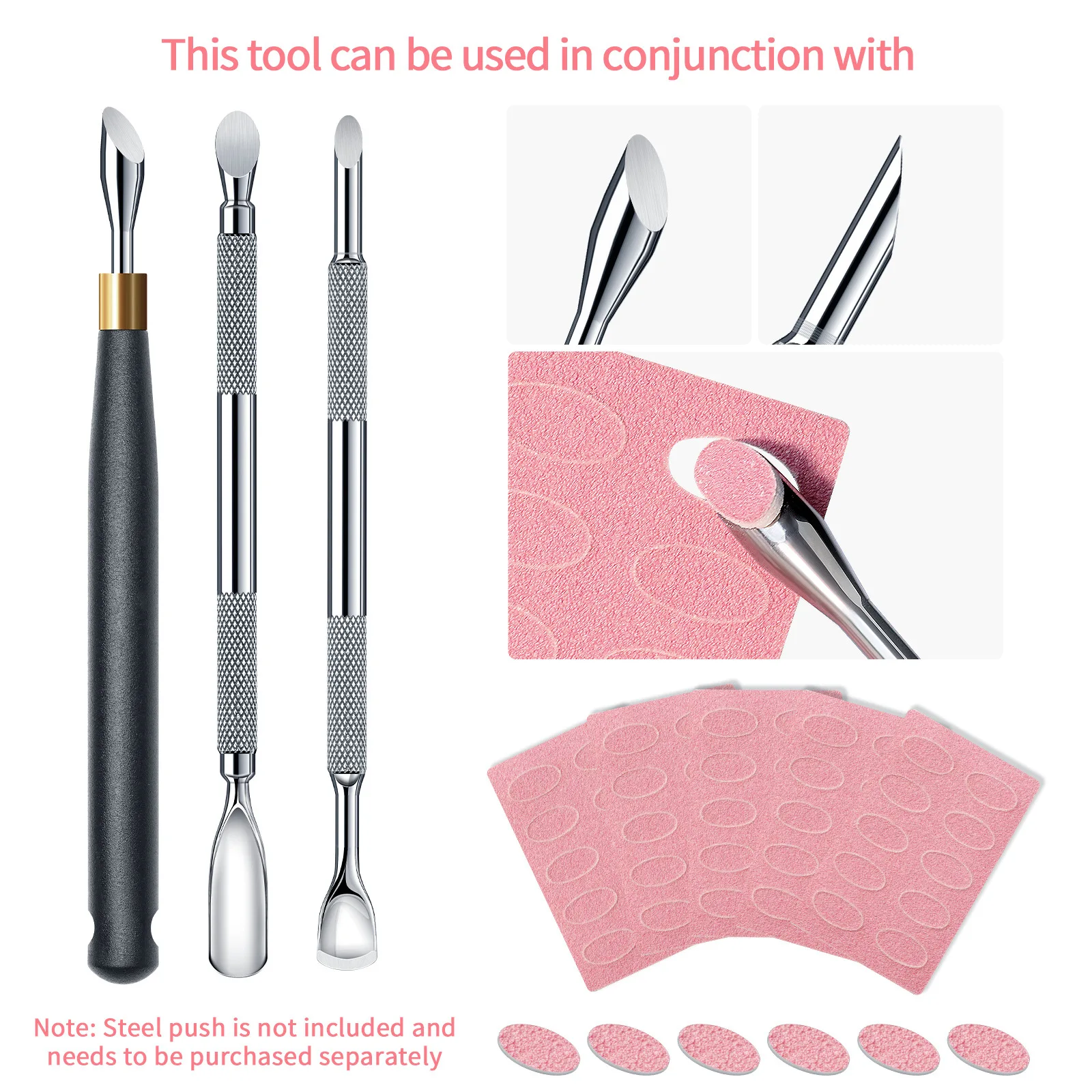 Double-Ended Horseshoe Cuticle Pusher with Beveled Edge & Nail Buffing File Manicure Nail Art Cleaner Care Tool