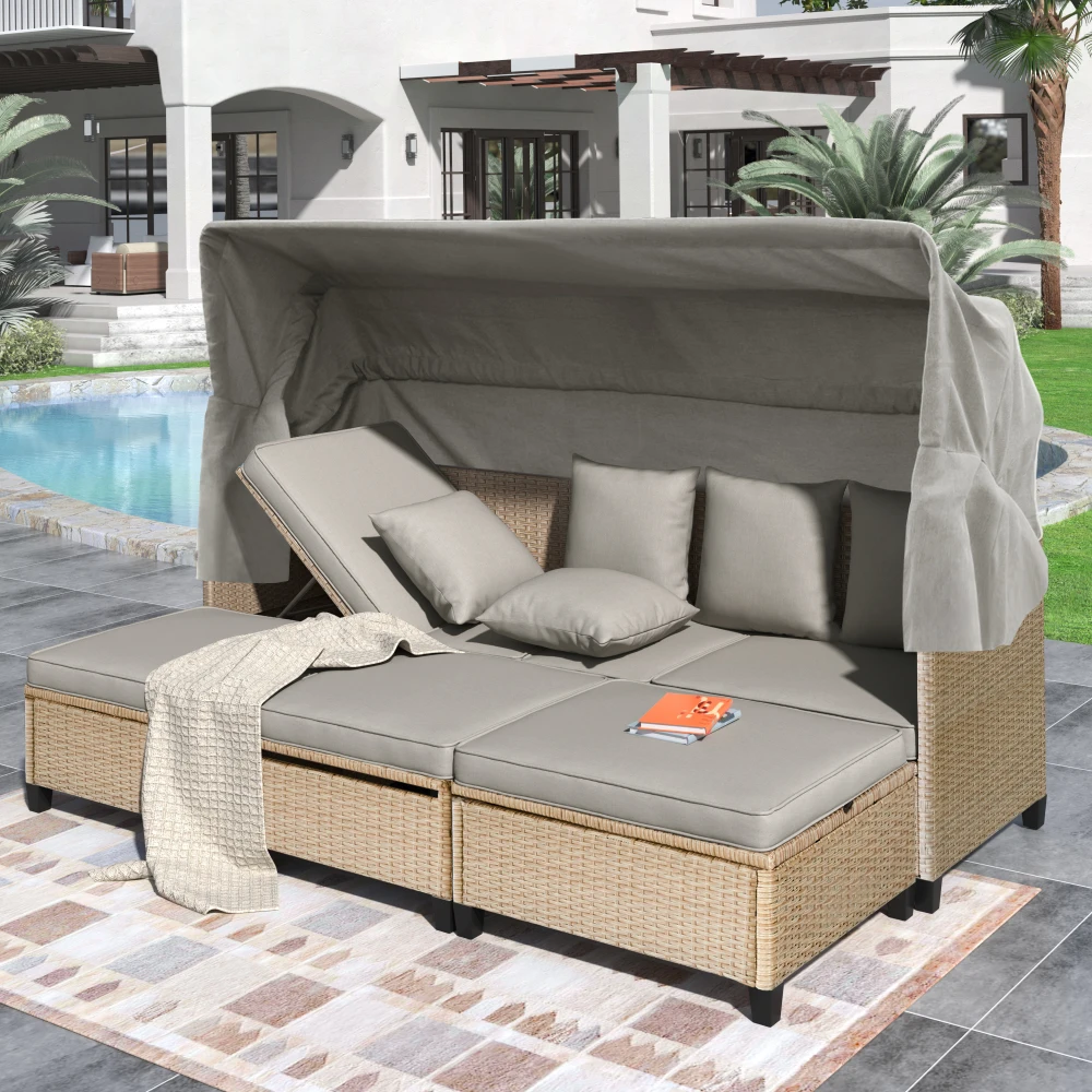 

Outdoor rattan sofa with retractable canopy, 4-piece courtyard set, outdoor combination sofa with adjustable backrest