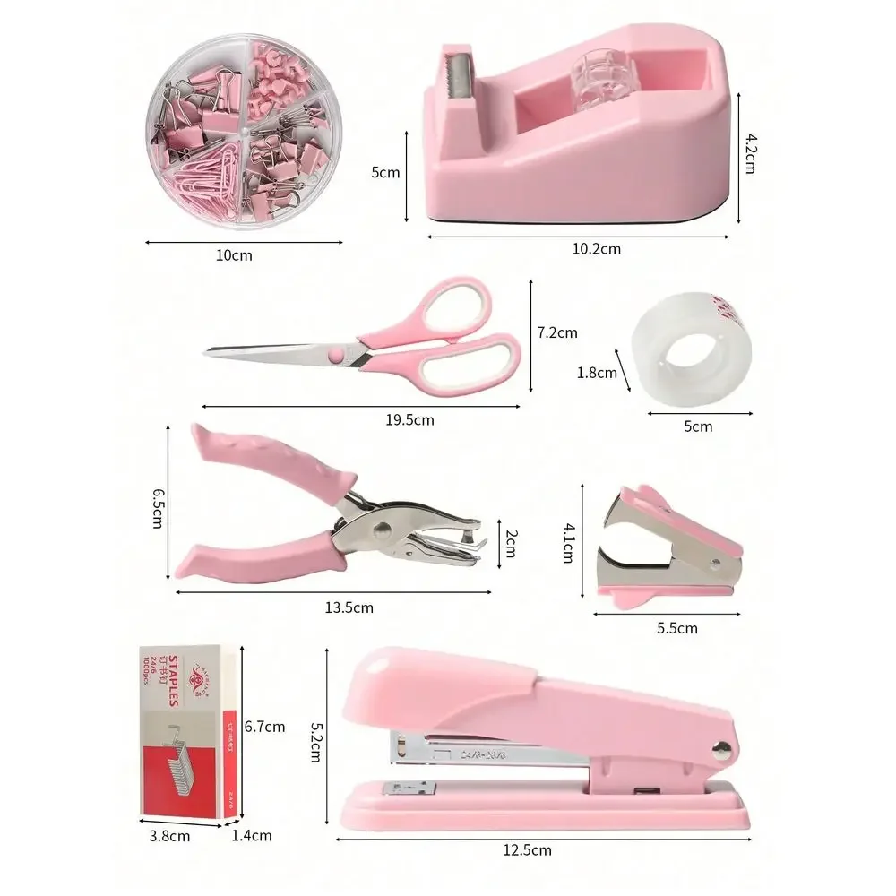 Pink Set, 1 Staple, 1 Box Of Staples, 1 Hole Punch, 1 Staple Remover, 1 Glue Base, 1 Box Of FourGrid Box, 1 Pair Of Scissors, 1